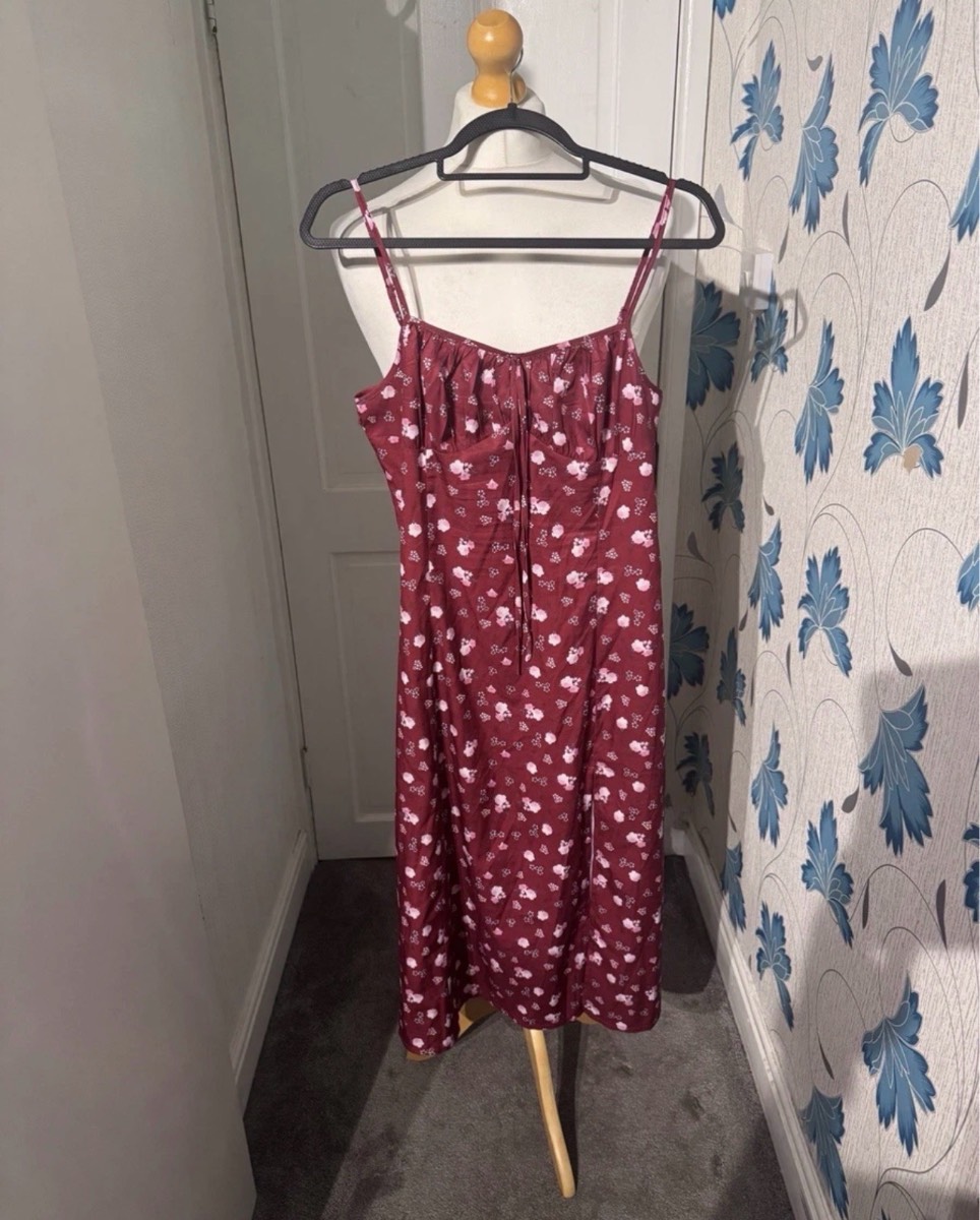 SHEIN Women’s Midi Slip Dress Burgundy Floral Strappy Cami UK 10 M Summer