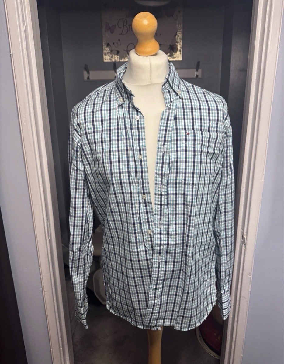 Tommy Hilfiger Long Sleeve Check Shirt Blue White Medium (15½–16) Custom Fit