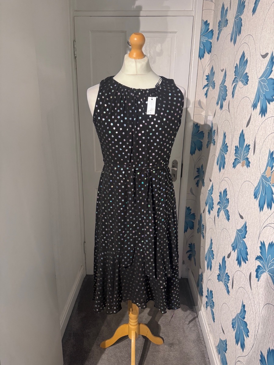 Roman Petite Sleeveless Midi Dress Black Metallic Spot Print UK 16 NWT Belted
