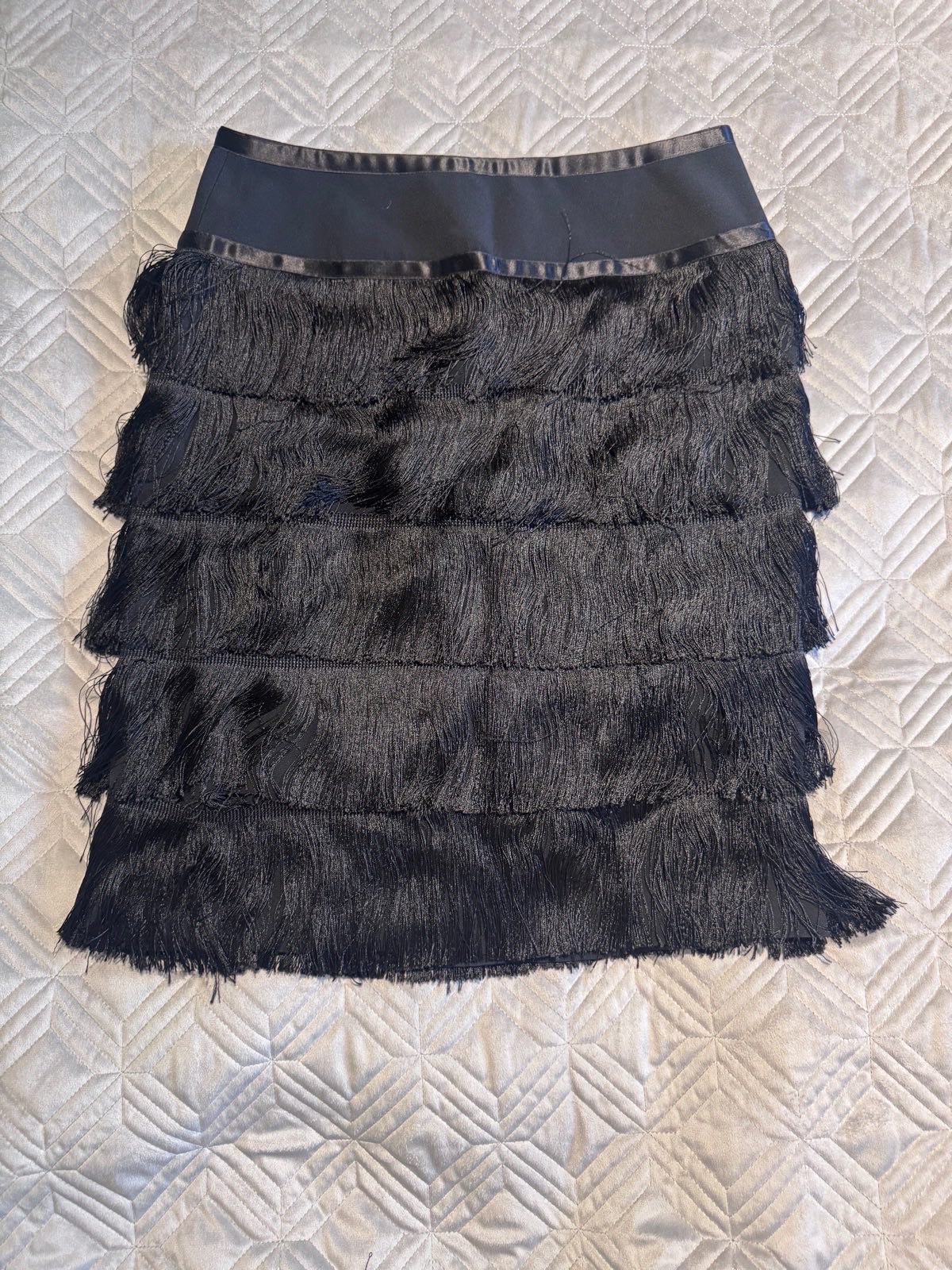 Karen Millen Fringe Mini Skirt Black UK 10 Tiered Tassel Party Evening