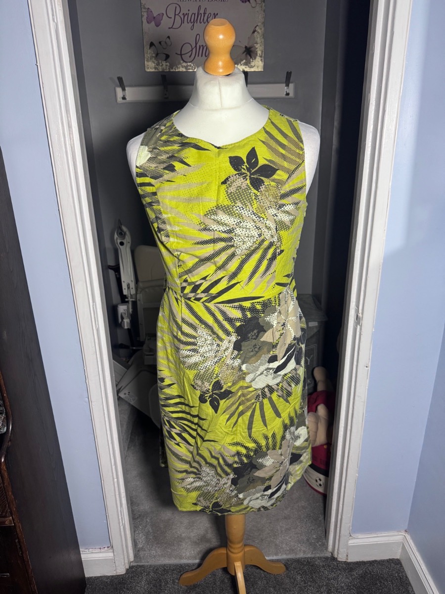 Maine New England Shift Dress Lime Green Tropical Print UK 16 Summer Linen Look