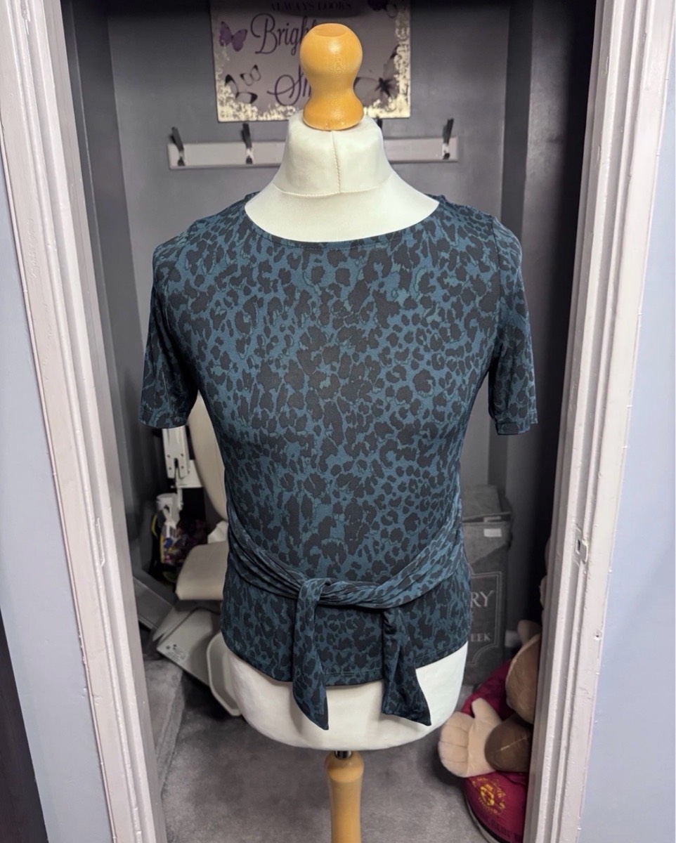 Monsoon Tie Waist Top Blue Leopard Print UK 10 Short Sleeve Stretch