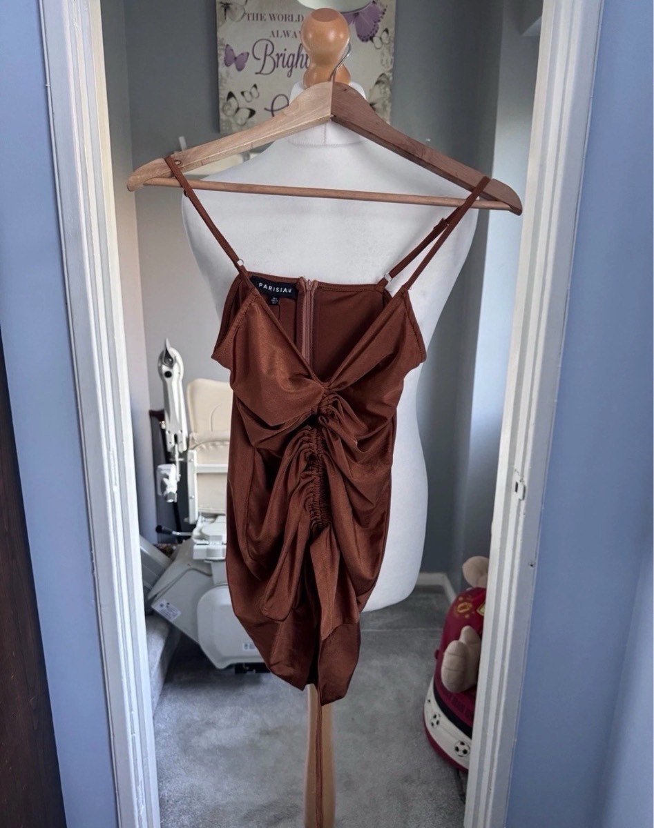 Parisian Ruched Mini Dress Rust Brown UK 6 Strappy Bodycon BNWT