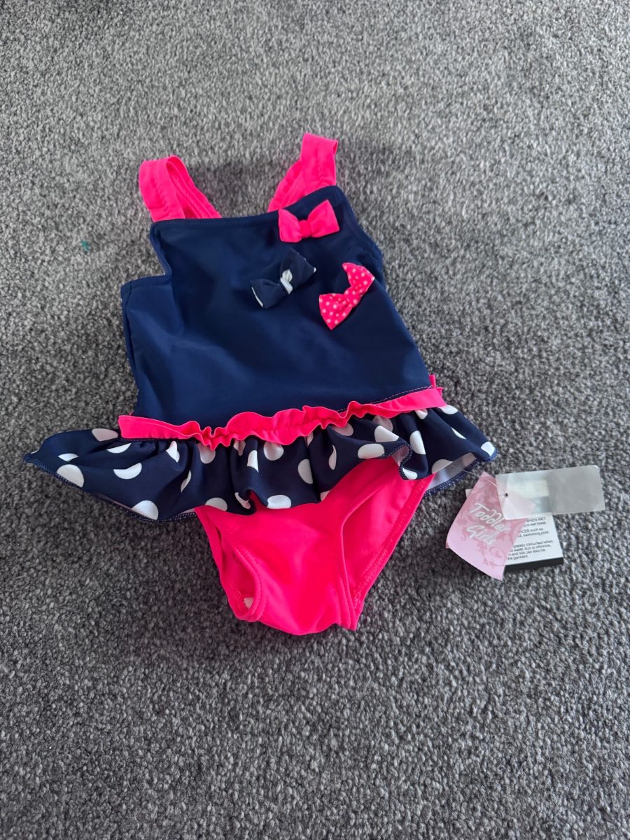 Matalan Toddler Girls Swimsuit Navy Pink 3–6 Months Frill Polka Dot BNWT
