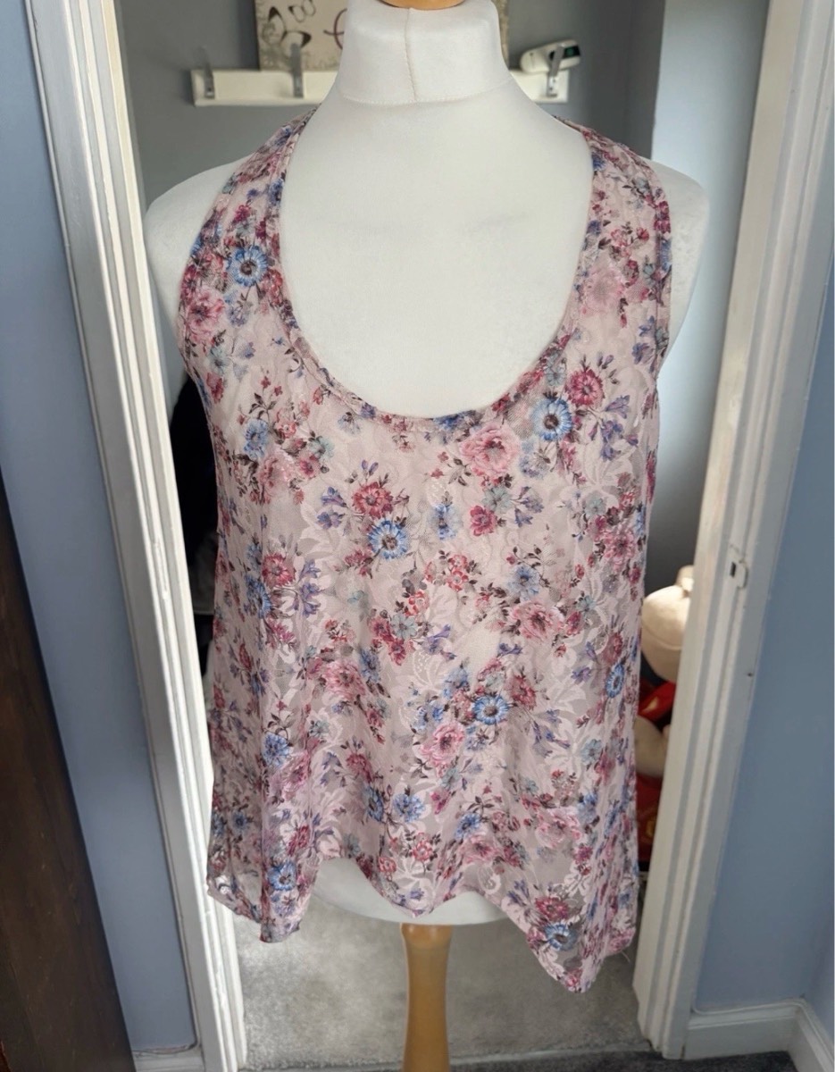 New Look Floral Lace Mesh Vest Top Pink UK 16 Racer Back Summer