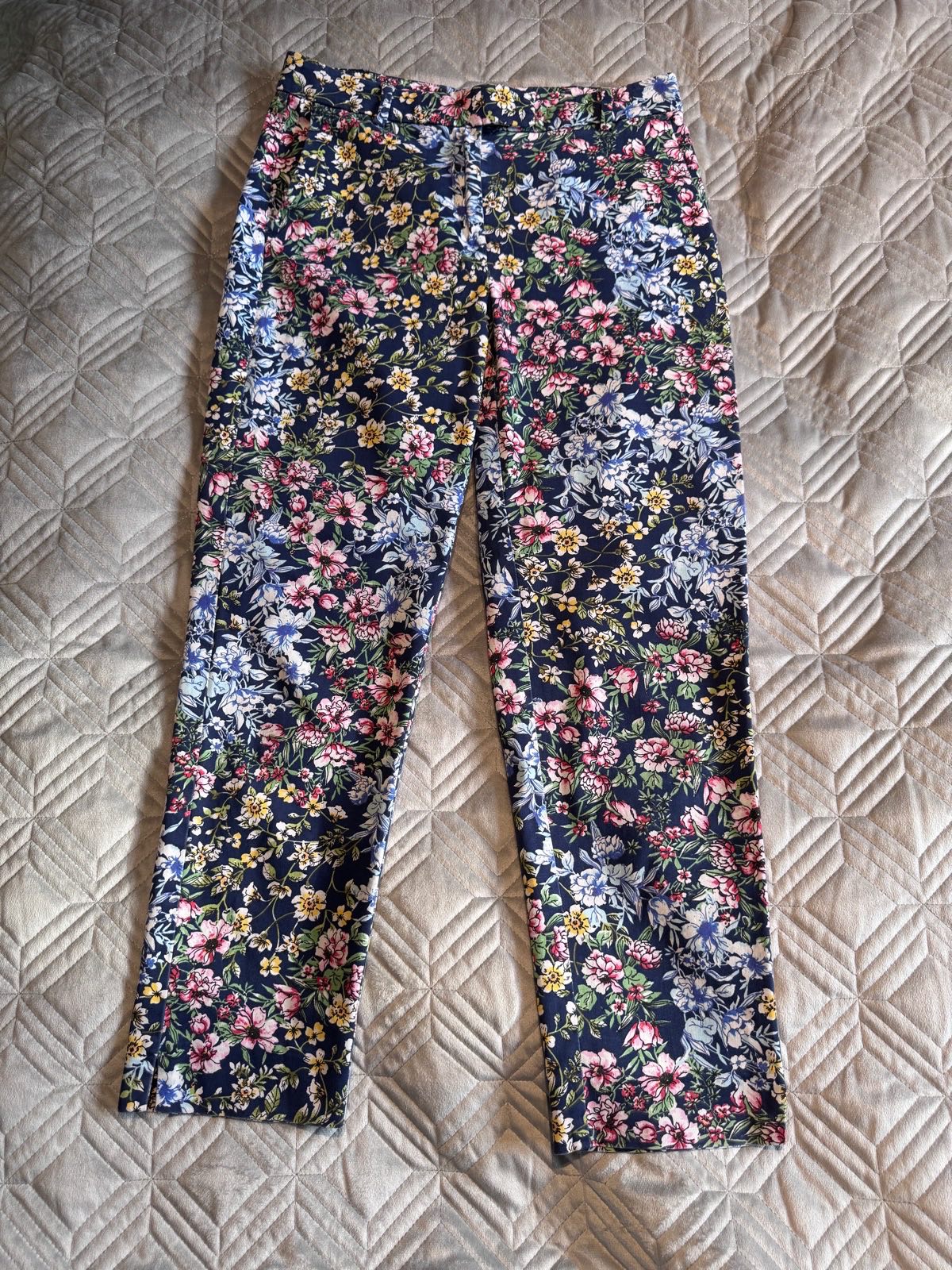 M&S Collection Floral Trousers Navy UK 10 Regular Cotton Blend Slim Leg
