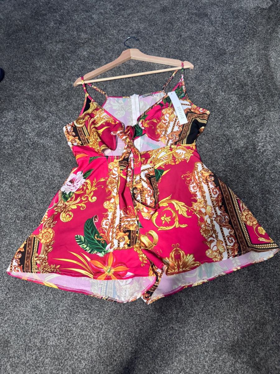 Diffuse Playsuit Fuchsia Pink Baroque Print Size 12 Tie Front Strappy BNWT