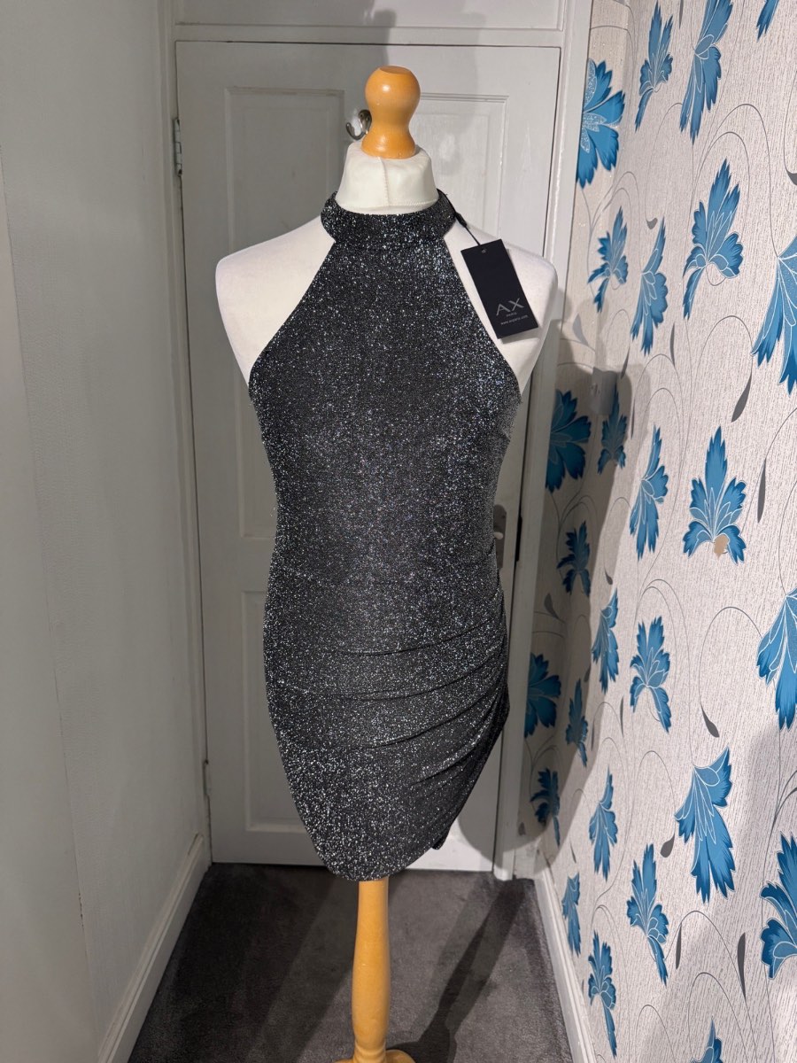 AX Paris Party Dress Black Silver Glitter UK 14 Halterneck Bodycon BNWT