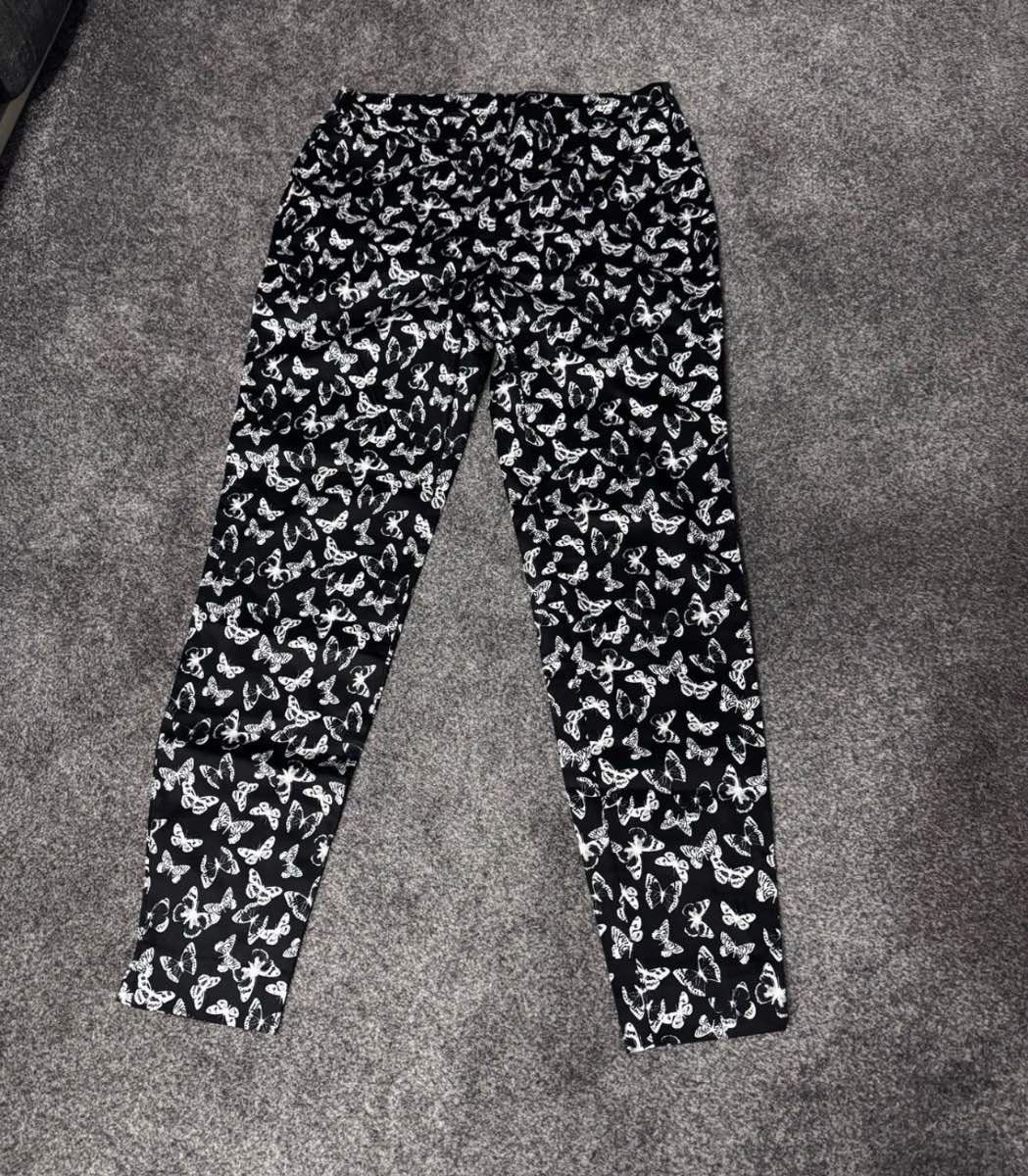New Look Trousers Black Butterfly Print UK 10 Stretch Skinny Summer