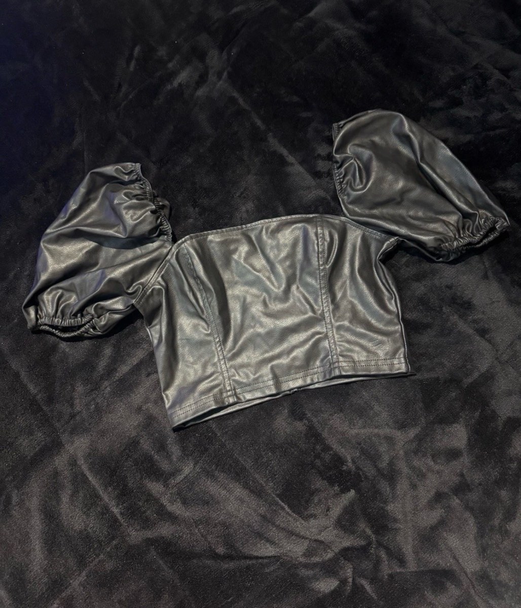 H&M Faux Leather Puff Sleeve Crop Top Black UK 10 Summer Party
