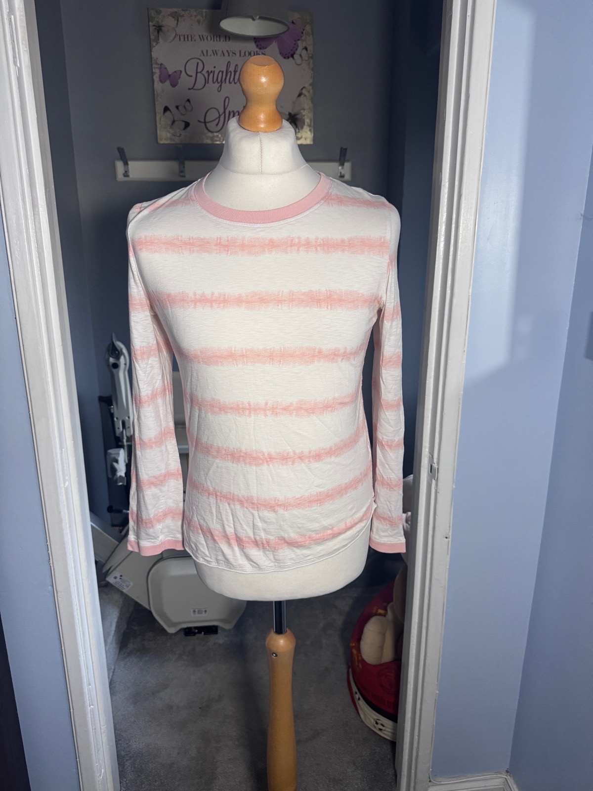 White Stuff Long Sleeve Top Pink & Cream Stripe UK 12 100% Cotton