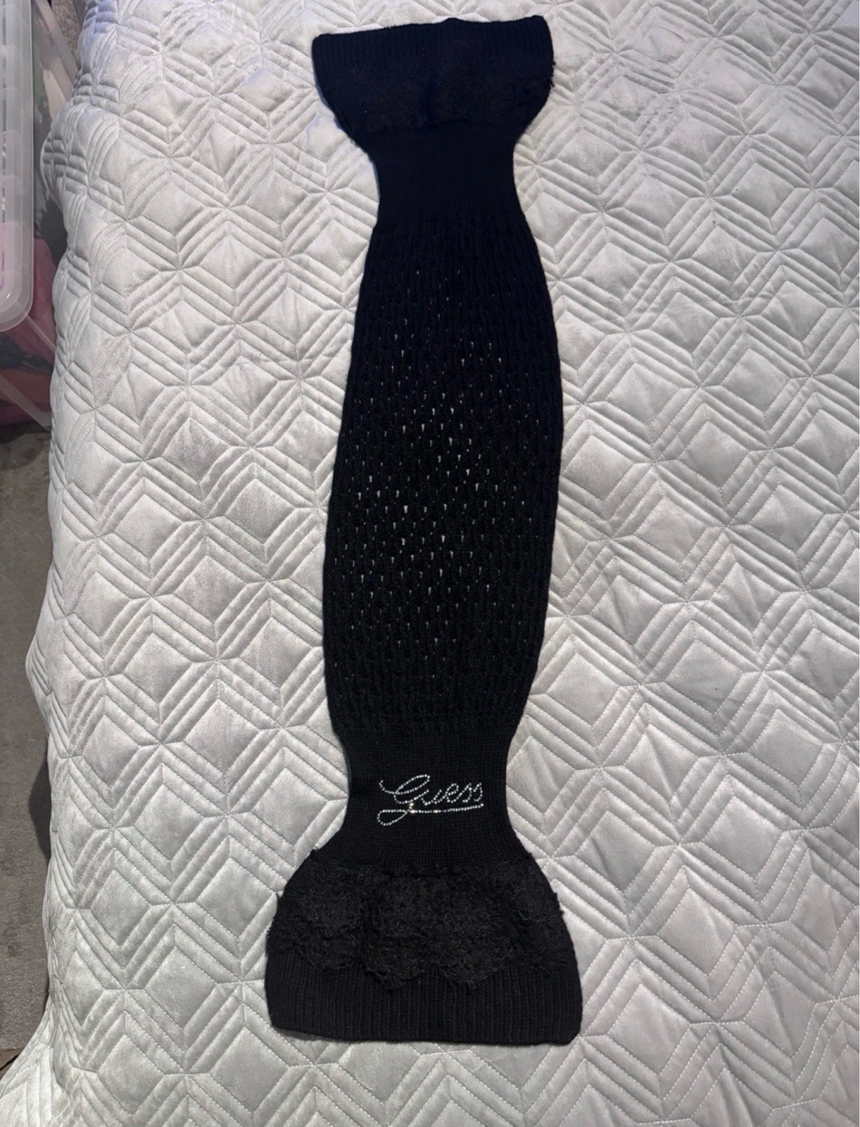 Guess Black Knitted Scarf One Size Y2K Rhinestone Logo Wool Cashmere Blend