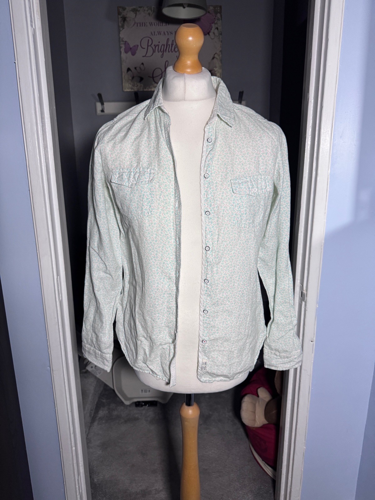 Fat Face Womens Floral Linen Cotton Shirt Mint Green UK 14 Summer Casual
