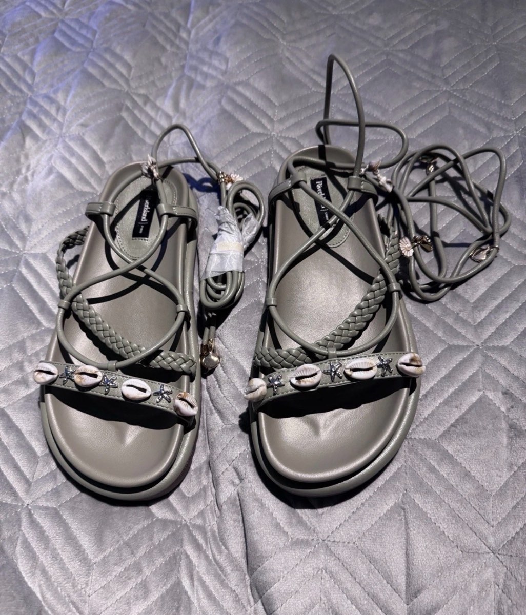 River Island Studios Lace Up Shell Sandals Sage Green UK 4 (EU 37) BNWT Summer