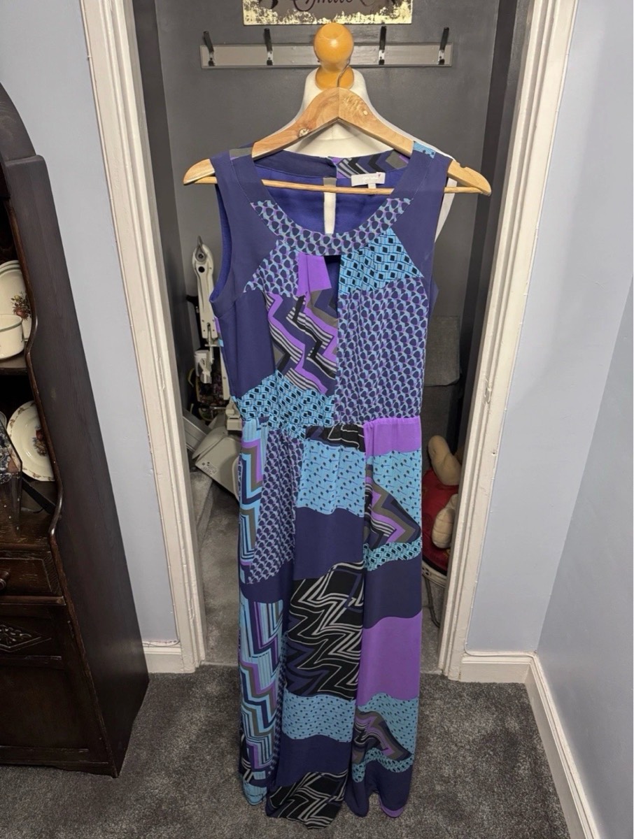 Per Una Maxi Dress Blue Purple Geometric Print UK 10 Long Sleeveless Summer