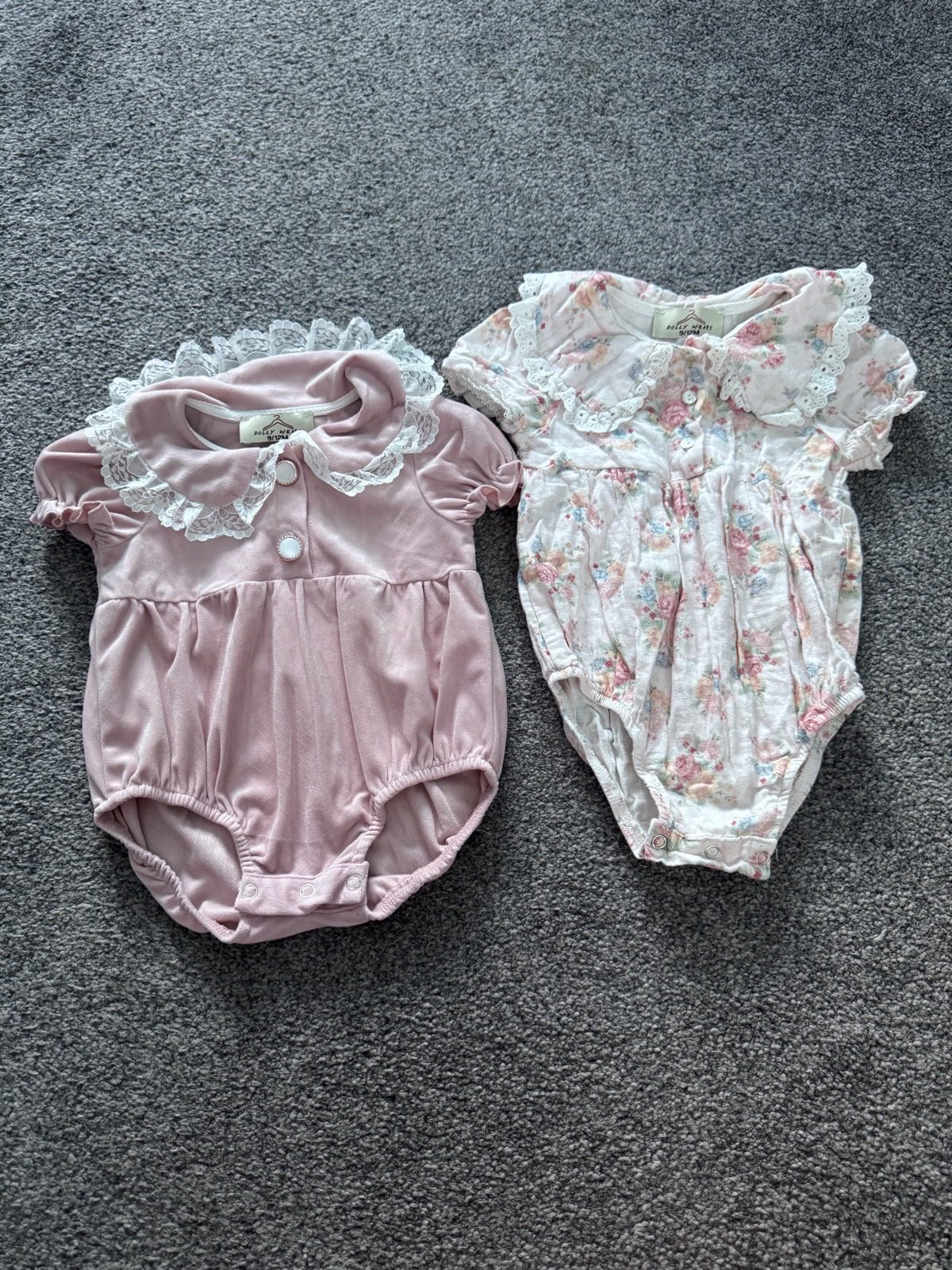 Dolly Wears, Baby Romper Bundle, Pink Floral, 9-12 Months, Lace Collar