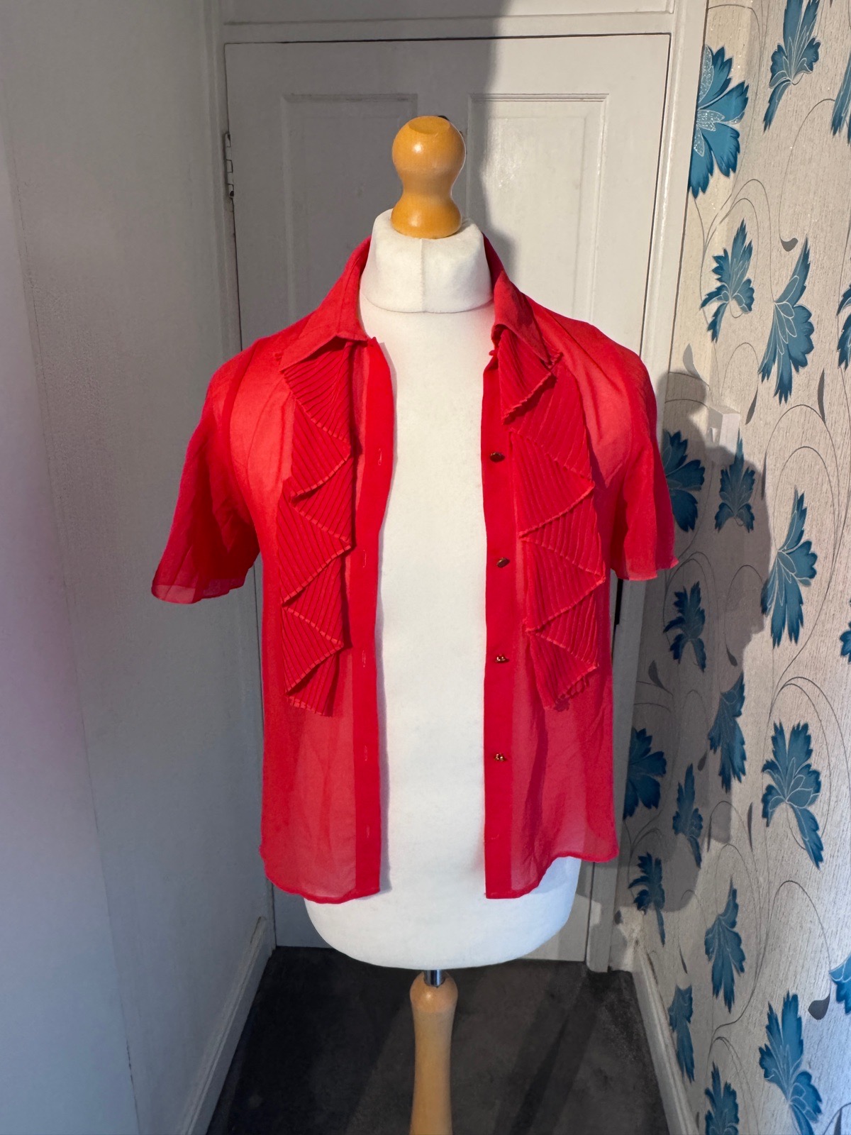 Zara Red Sheer Ruffle Blouse UK 6–8 XS Pleated Chiffon Summer Top