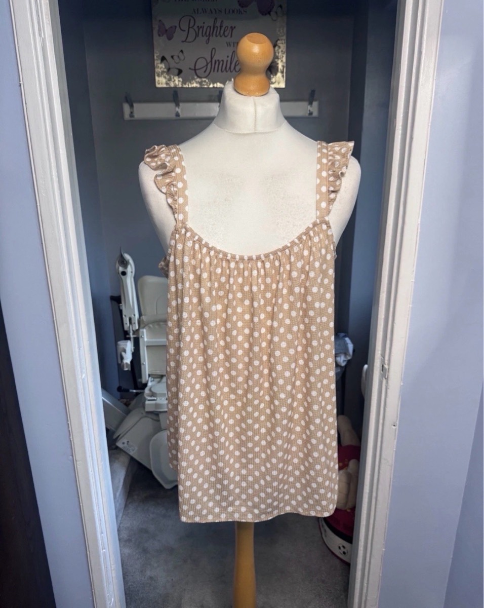 F&F Vest Top Beige White Polka Dot UK 20 Ruffle Tie Back Summer NWT