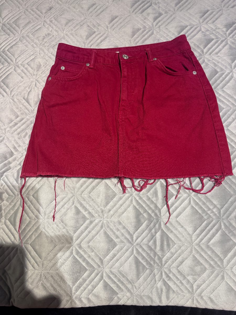 Topshop Moto Denim Mini Skirt Red UK 8 Raw Frayed Hem Summer Y2K
