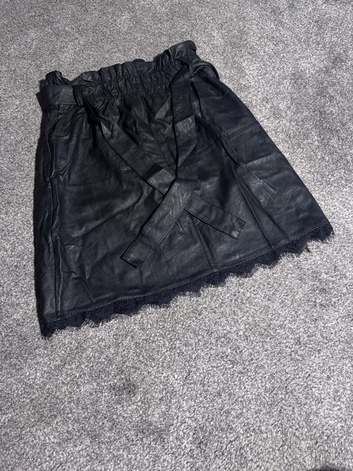 Tokyo Doll Faux Leather Mini Skirt Black Size S Lace Trim Tie Belt Y2K