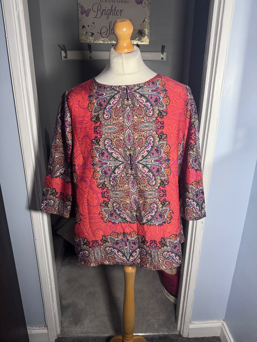 M&Co Boho Paisley Blouse Orange Pink UK 18 3/4 Sleeve Lightweight Smart Top