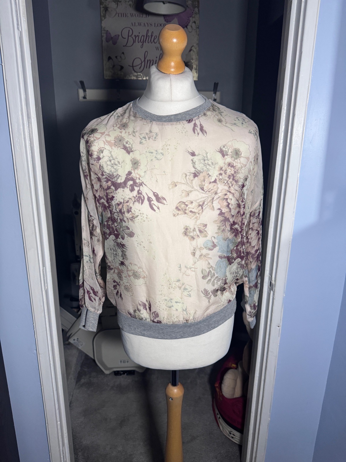 Next SP Floral Top Cream Grey UK 12 Satin Feel Long Sleeve Ribbed Trim