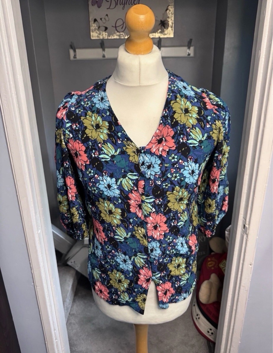 M&S Collection Floral Blouse Blue Mix UK 12 V Neck 3/4 Sleeve Summer Top