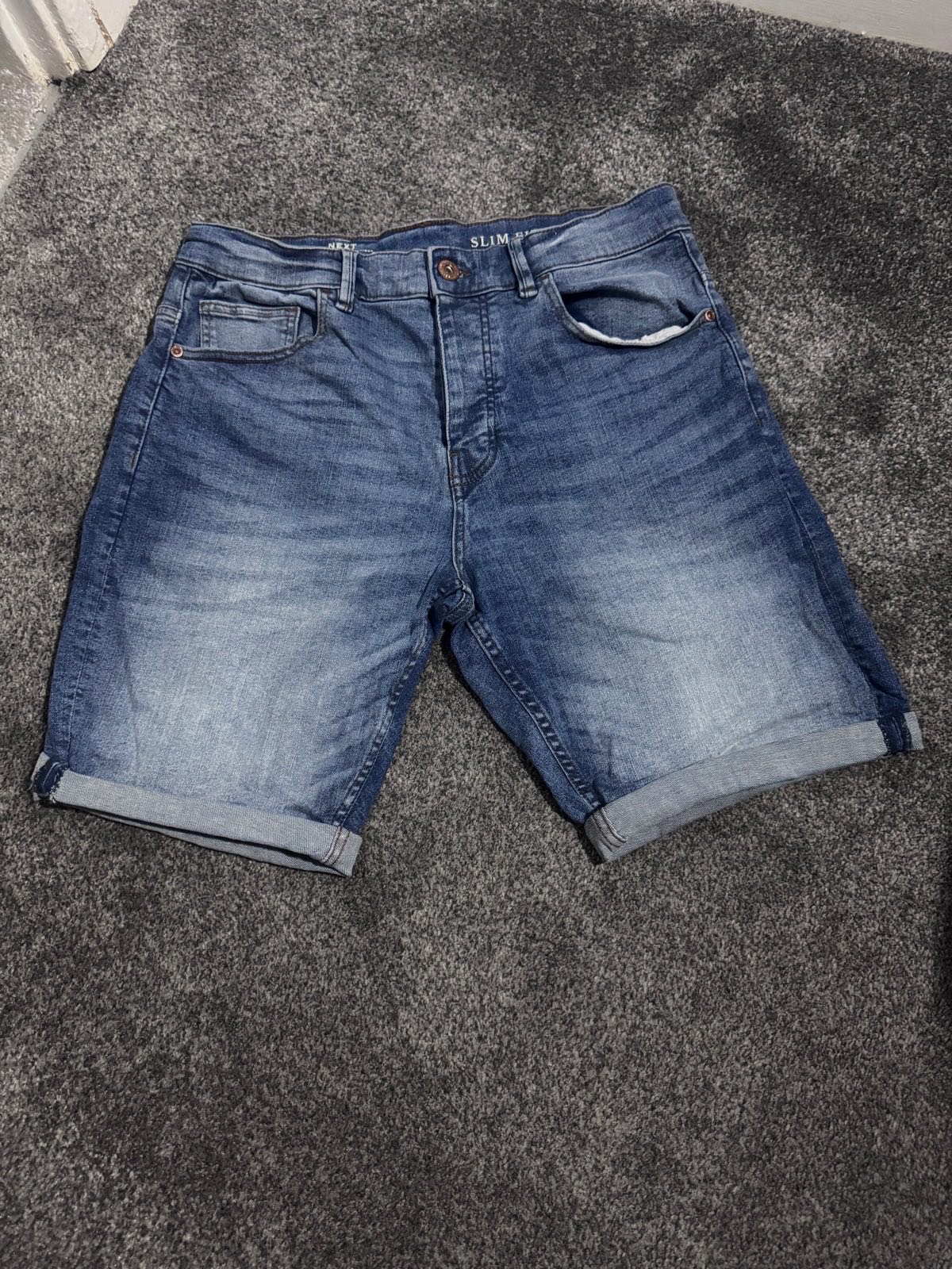 Next Denim Goods Co Denim Shorts Blue W32 Slim Fit Turn-Up Summer