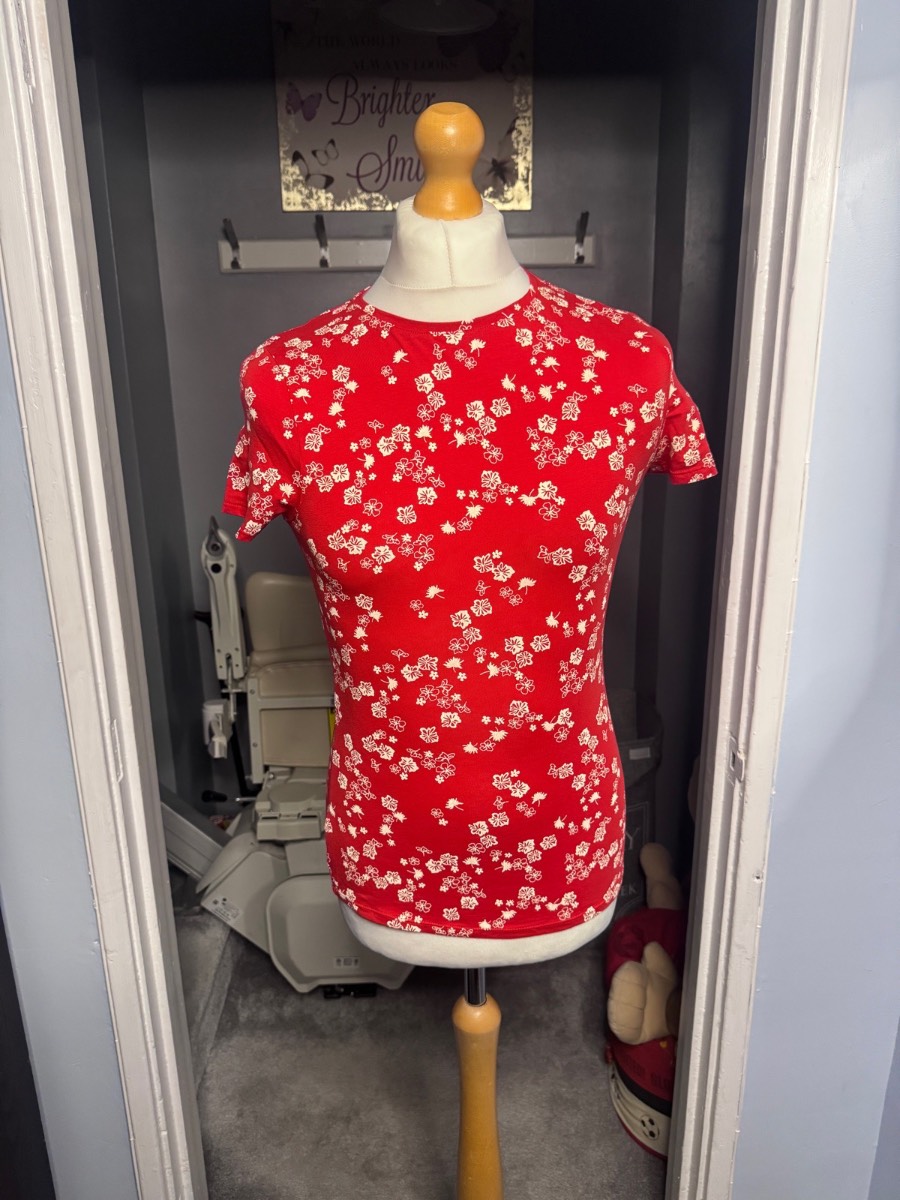 M&S Collection Floral T-Shirt Red UK 10 Short Sleeve Cotton Stretch Summer Top