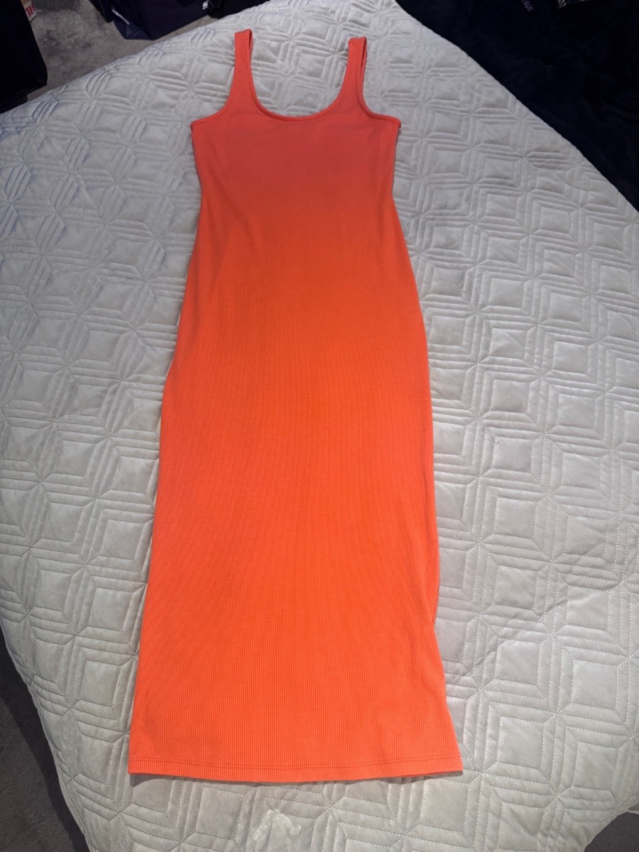Primark Ribbed Bodycon Midi Dress Coral Orange UK 6 Summer Stretch
