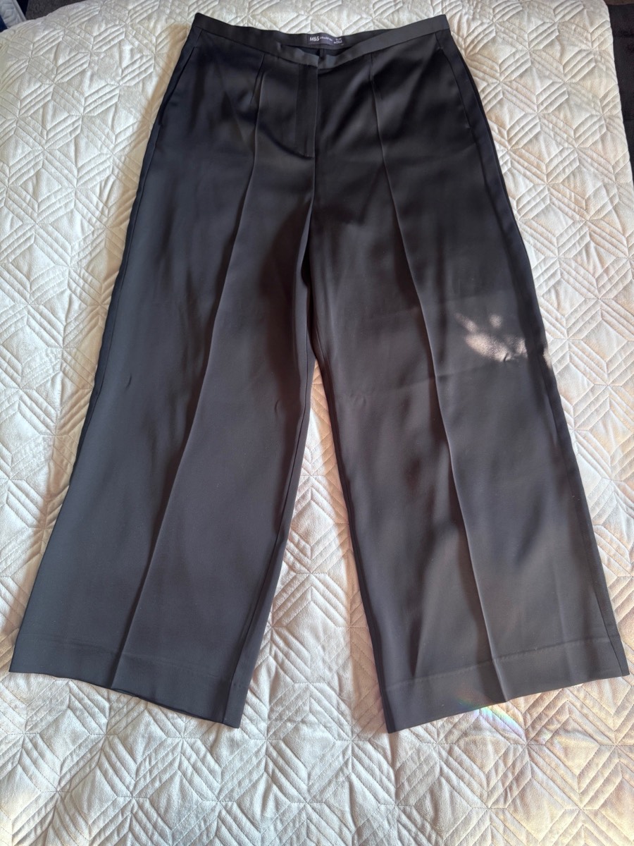 M&S Collection Satin Wide Leg Trousers Black UK 14 Short Smart Office Work