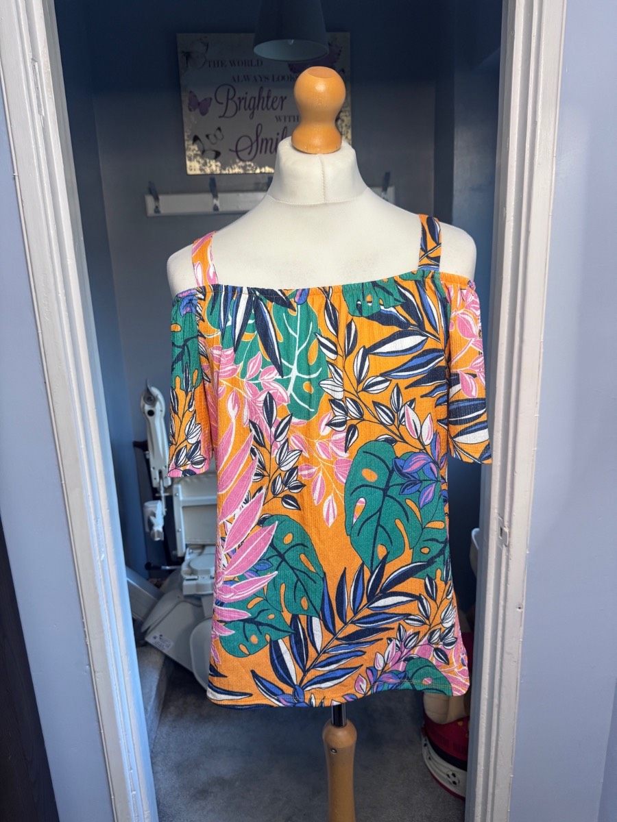 Papaya Cold Shoulder Top Orange Tropical Floral UK 14 Summer Holiday