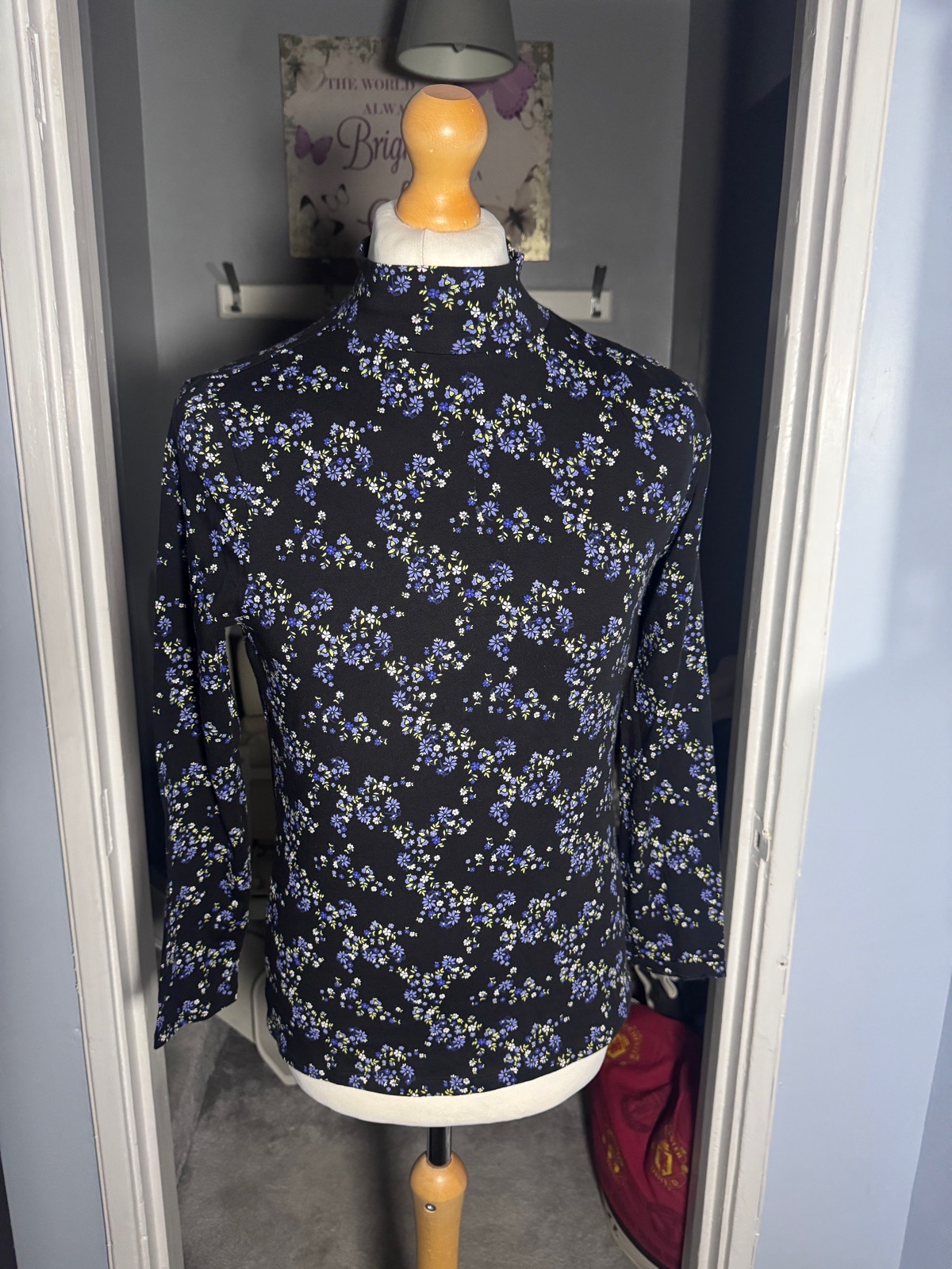 M&S Collection Floral Roll Neck Top Black UK 14 Long Sleeve Cotton