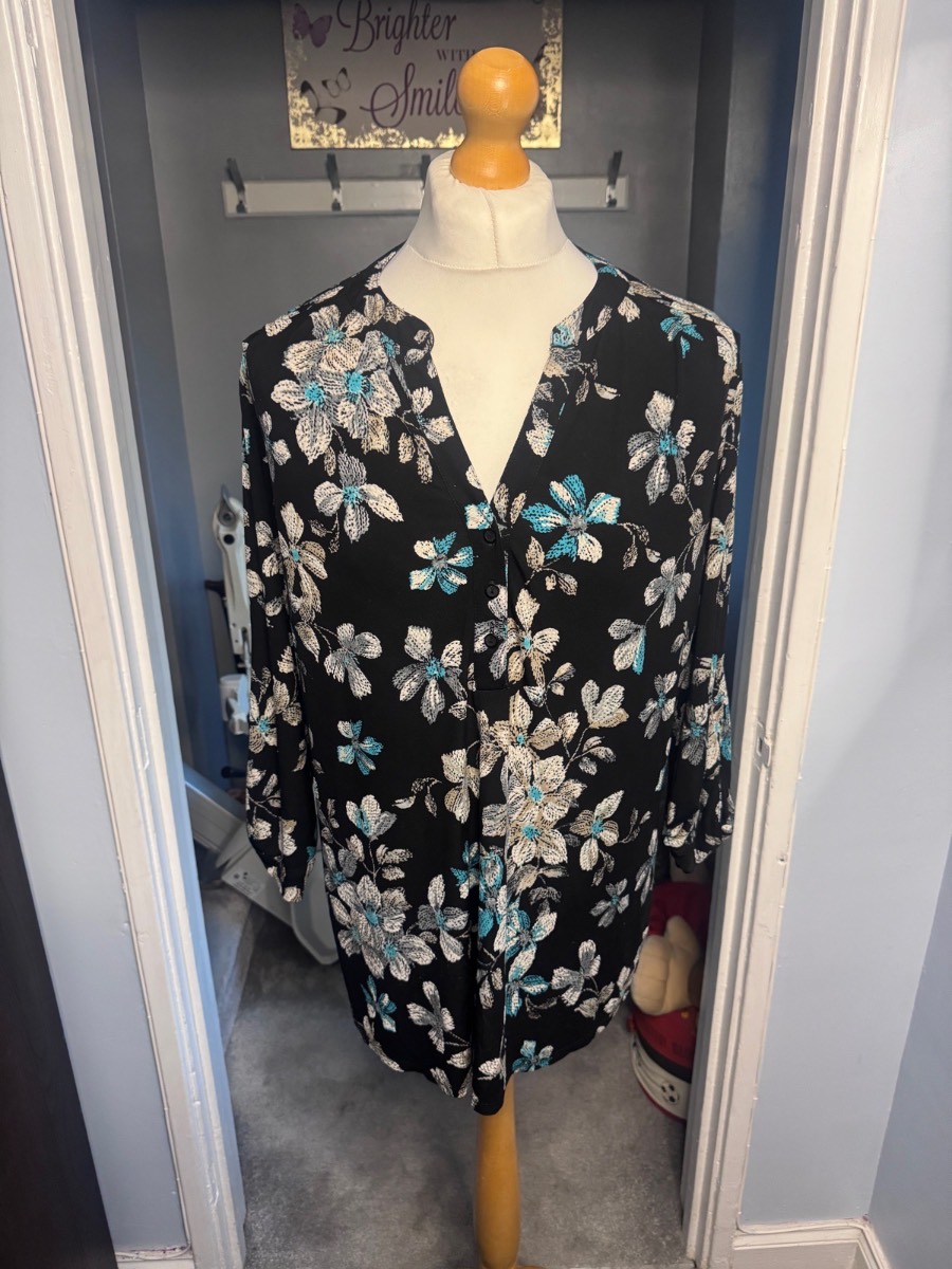 Roman Floral Tunic Blouse Black UK 20 Long Sleeve Roll Tab Top