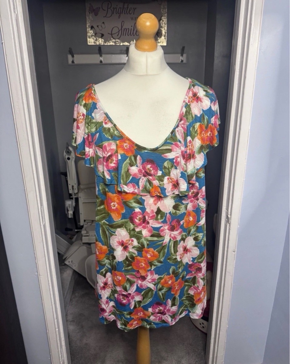 George Women’s Floral Tunic Top Blue UK 18 Frill Overlay 100% Viscose