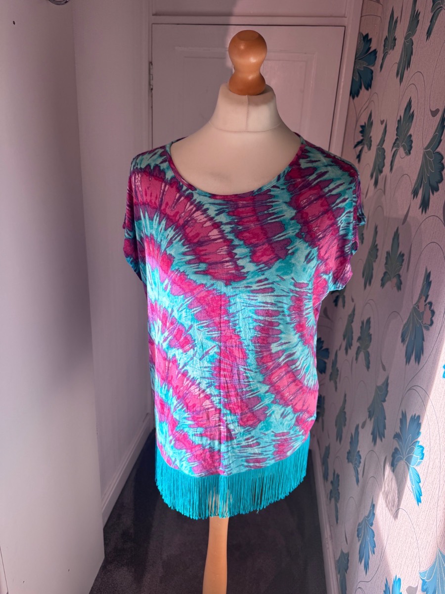 M&S Limited Collection Tie Dye Fringe Top Violet Mix Small Boho Festival Tassel Hem