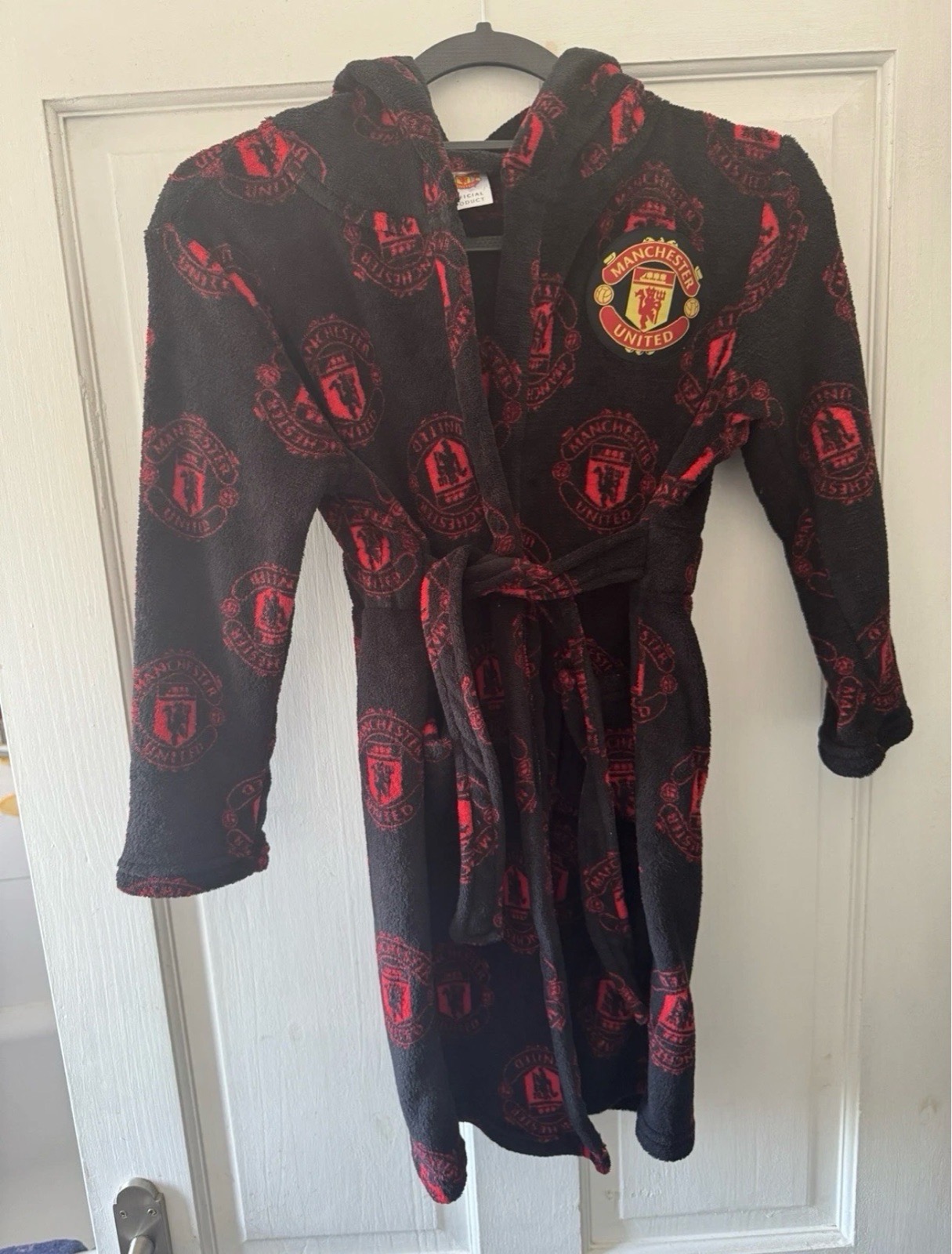 Manchester United Kids Dressing Gown Black Red Age 7–8 Hooded Fleece