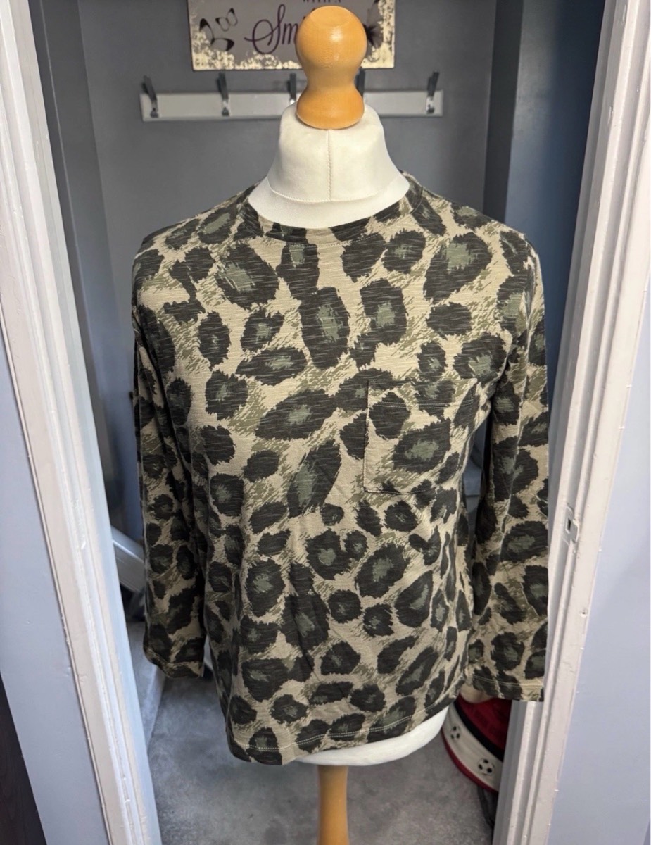 M&S Collection Long Sleeve Top Khaki Green Leopard Print UK 10 Cotton Pocket