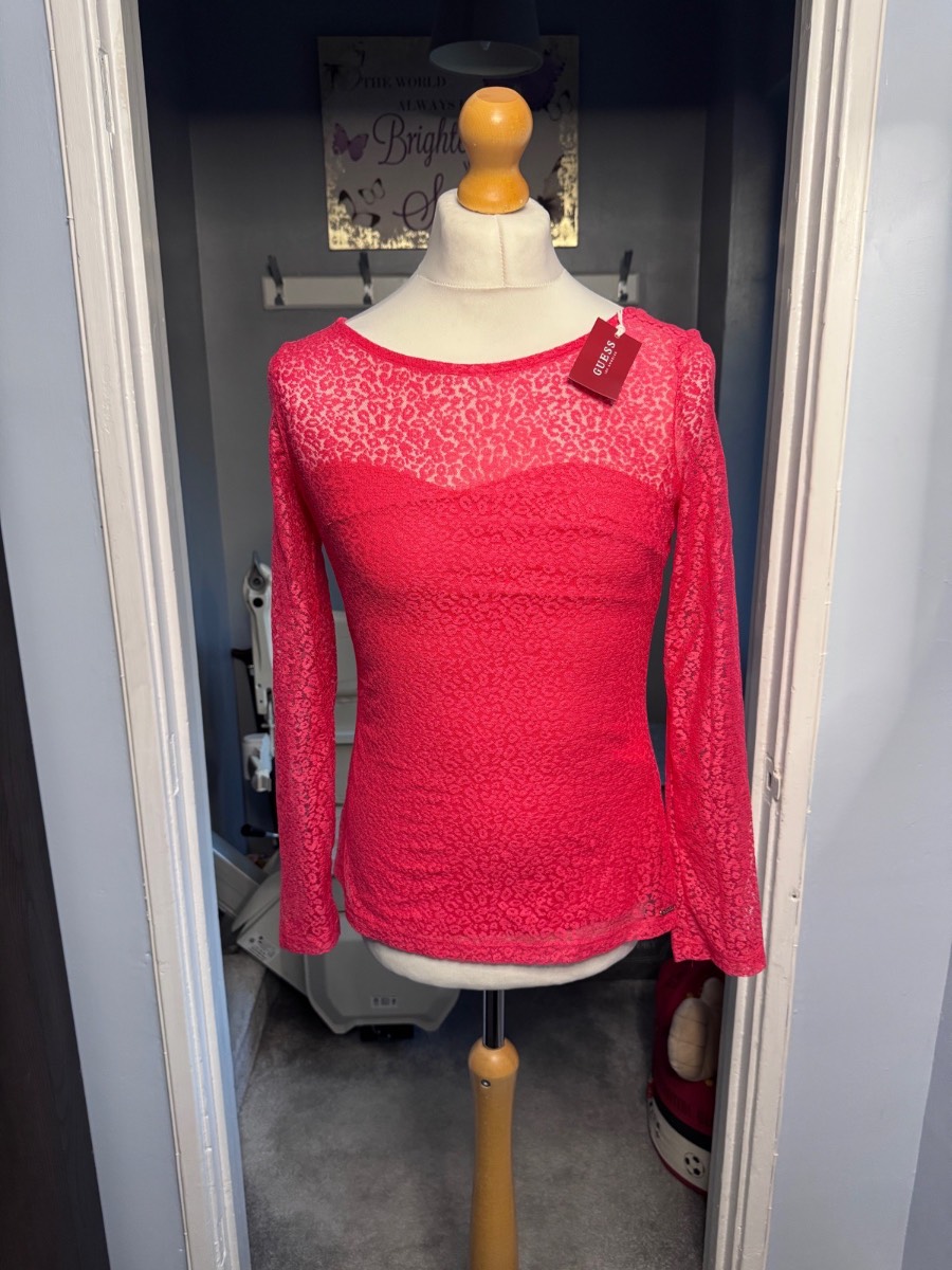 Guess Lace Long Sleeve Top Pink UK 8 Sheer Stretch Party Evening Top