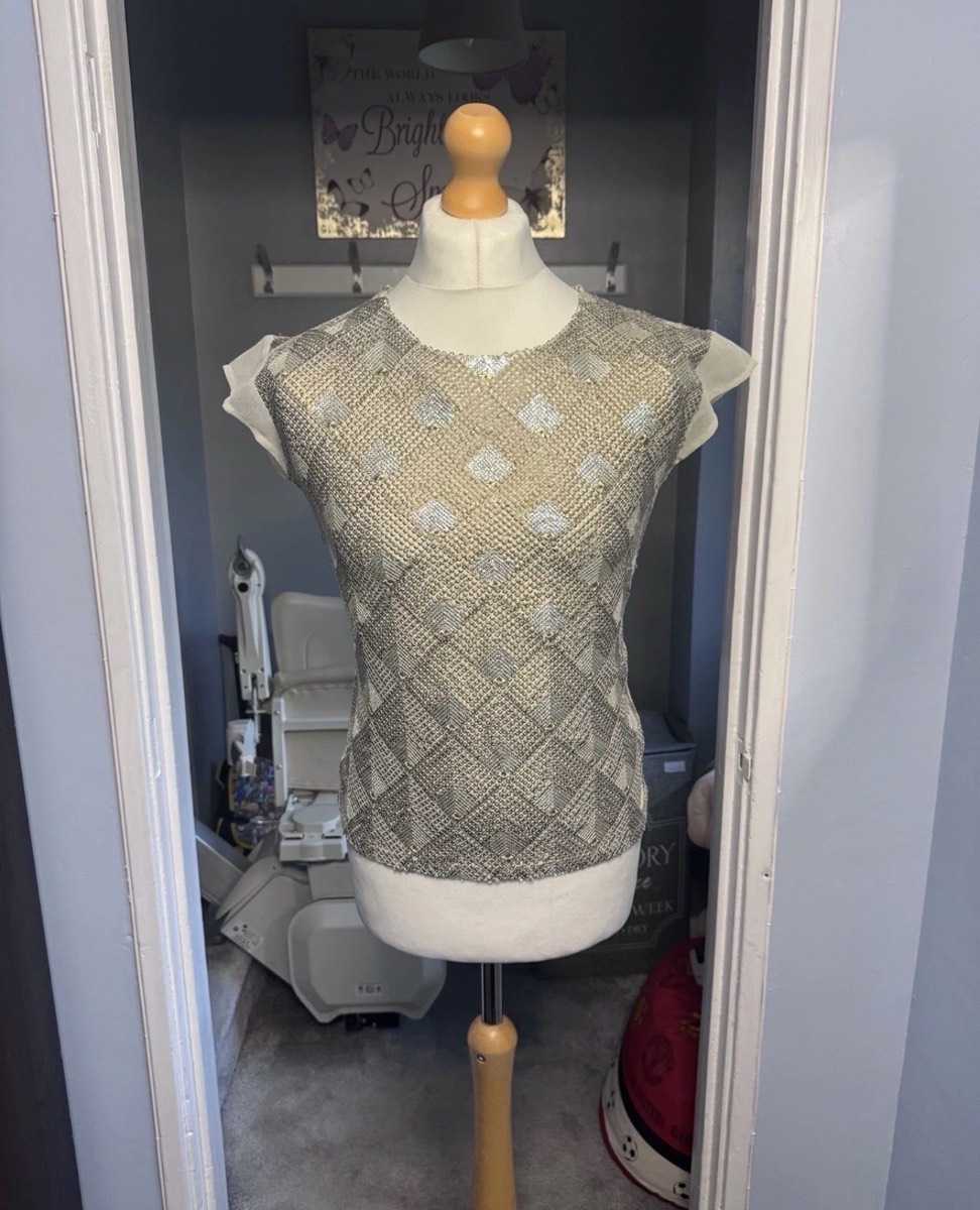 Monsoon Embellished Top Beige Silver Size S Short Sleeve Occasion Party