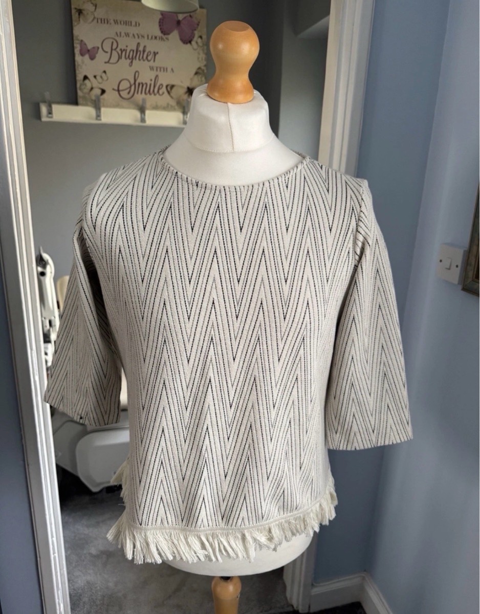 Zink London Top, Cream Chevron Textured Fringe Hem, UK 14 (L)