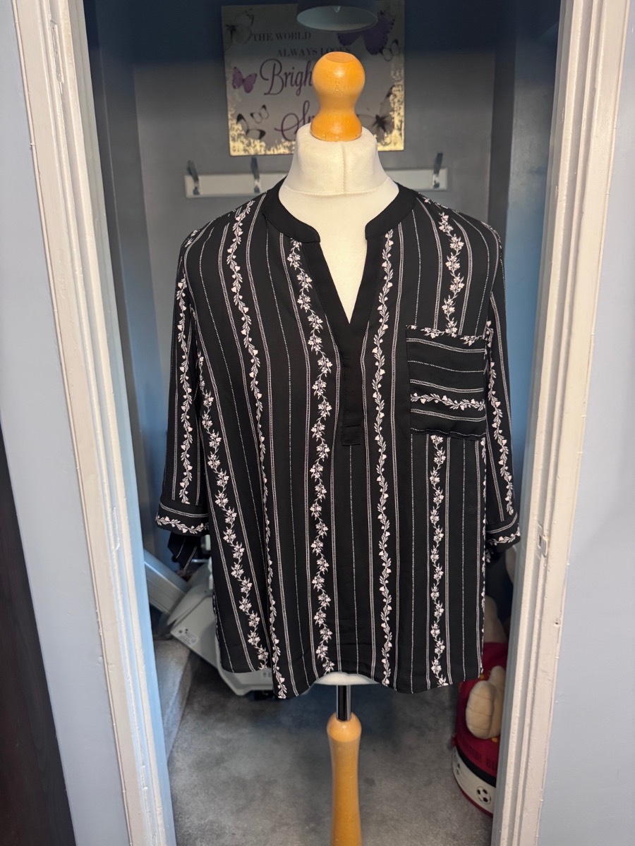 Principles Petite Blouse Black Floral Stripe UK 18 Petite 3/4 Sleeve Top