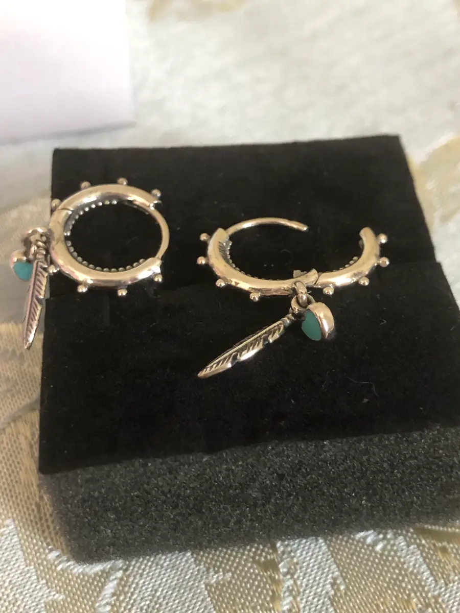 Brand New in Box 925 Silver Navajo Feather and Turquoise Huggie Hooped Earrings