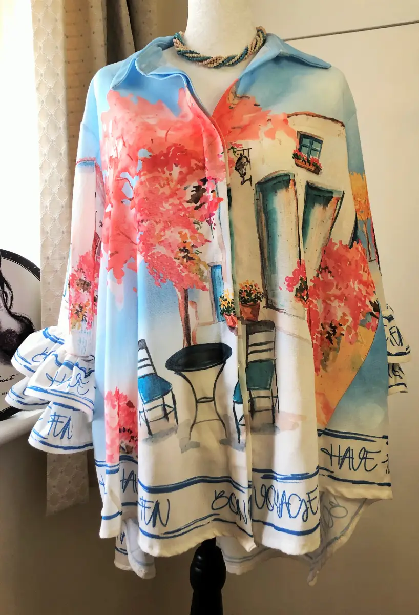 Made In Italy Long Overshirt Blouse Linen Mix Italian Spanish Scenic Turquoise Coral - One Size