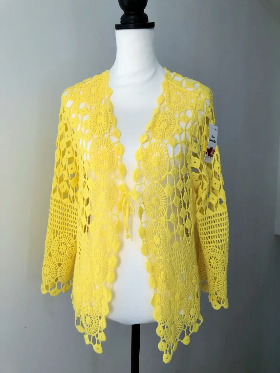 One Size Crochet Bright Lemon Yellow Summer Boho Cardigan Festival Summer