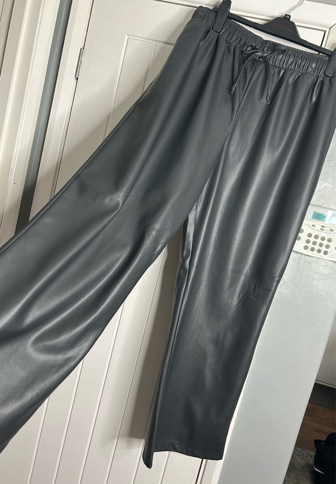 New ASOS Design dark grey faux leather wide leg pull on trousers 12