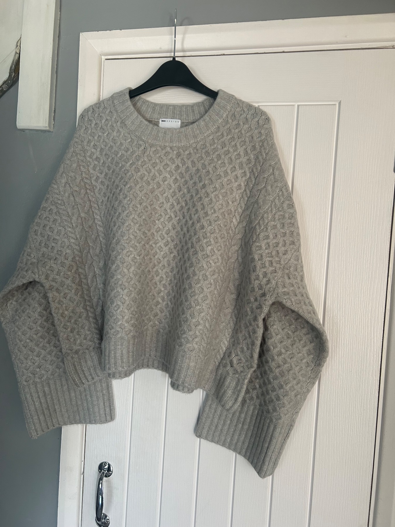 NEW ASOS grey wool blend heavy waffle knitted wide sleeve jumper large