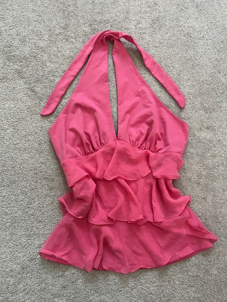 Vintage Y2K Hot Pink Halterneck Top With Ruffles