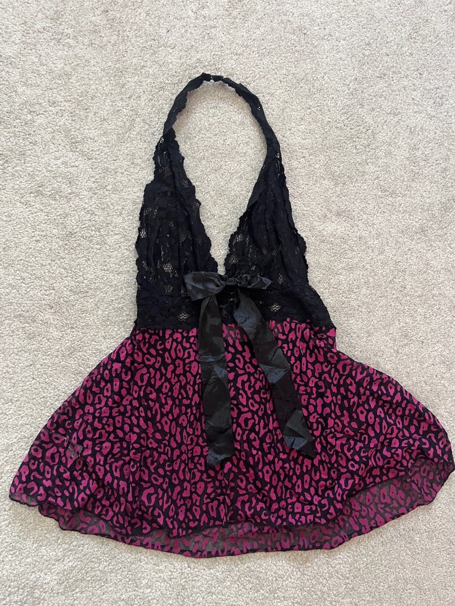 Vintage Y2K Black & Pink/Purple Leopard Print See-Through Halterneck Top