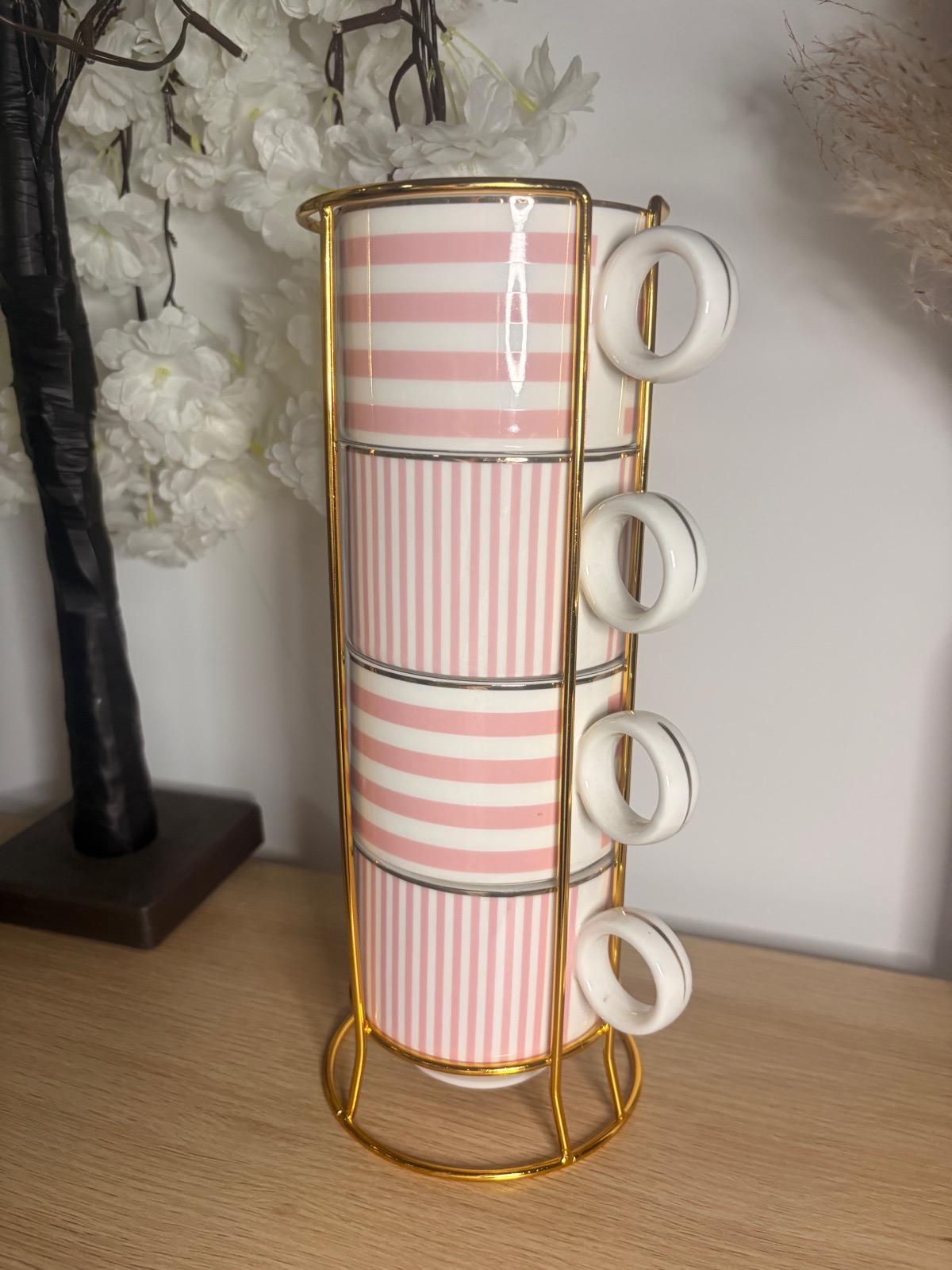 Pink striped stacking mugs